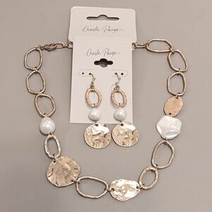 Charlie Paige women's set gold tone coin faux blister pearl necklace & earrings